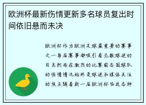 欧洲杯最新伤情更新多名球员复出时间依旧悬而未决