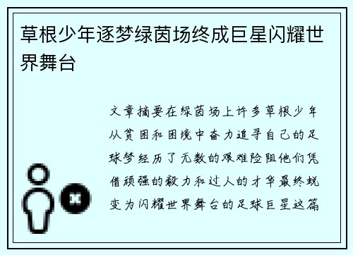 草根少年逐梦绿茵场终成巨星闪耀世界舞台